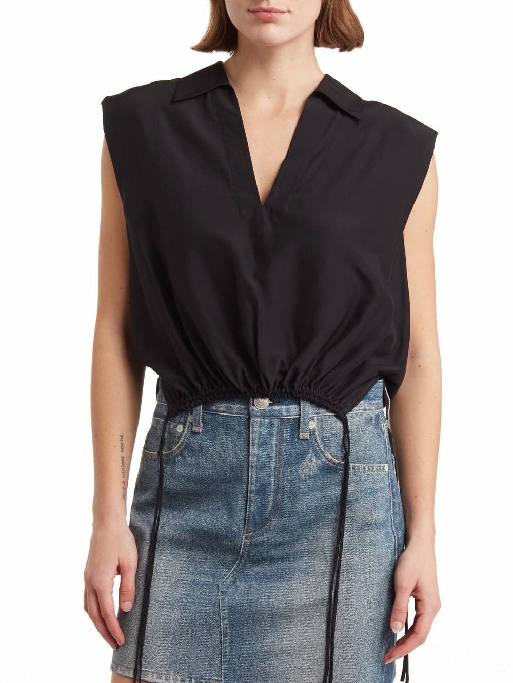 Rag & Bone Black V-Neck Sleeveless Drawstring Hem Top